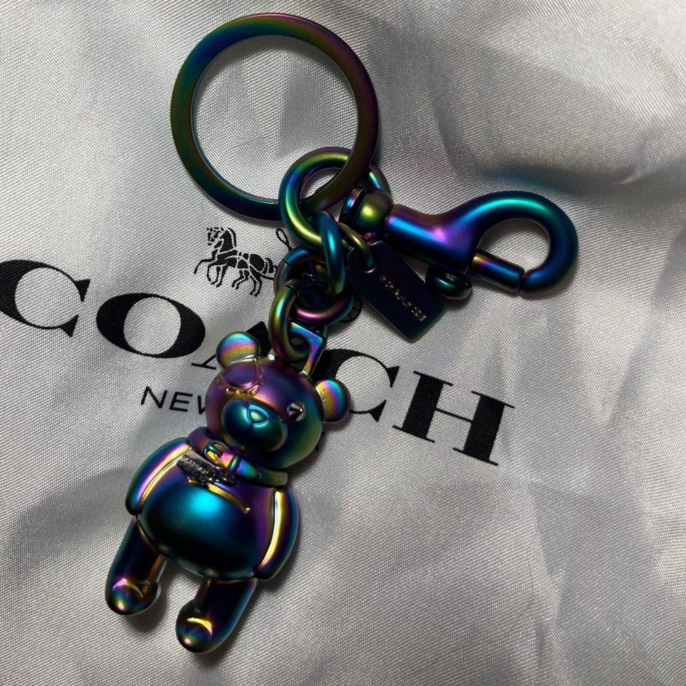 Iridescent oilslick coach teddy bear key chain
